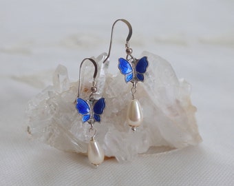 Sterling Silver Blue Butterfly Enamel & Pearl Earrings Fish Hook Wires