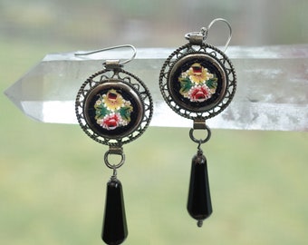 Vintage Micro Mosaic  Earrings -  Sterling  Silver Fish Hook Wires - Silver Tone Filigree Setting - Black Glass Bead Drop