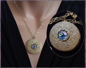 Vintage Large Round Gold Filled Locket with Hand Painted Swallow on Mother of Pearl Necklace  - 14K Gold Filled Chain