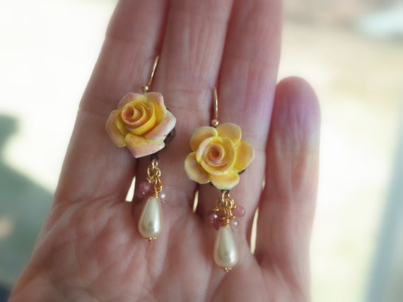 Vintage English Bone China Yellow Rose Earrings P… - image 5