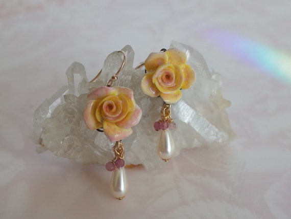 Vintage English Bone China Yellow Rose Earrings P… - image 4