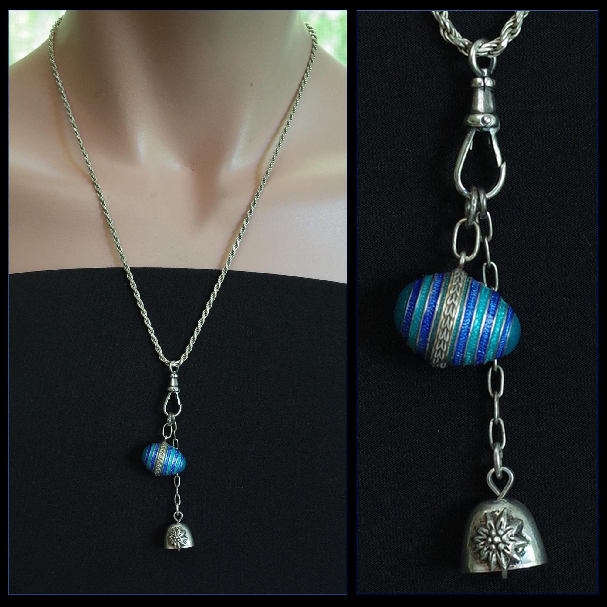 Mini Bell Rope Key Flob Antique Sterling Silver Art Deco Guilloche Enamel Blue Egg Watch Fob ...