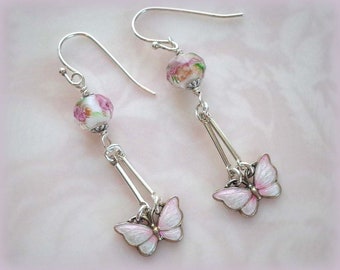 Vintage Sterling Silver Guilloche Enamel Pink Butterfly Earrings - Fish Hook Pierced Ear Wires - Danish Enamel Jewelry