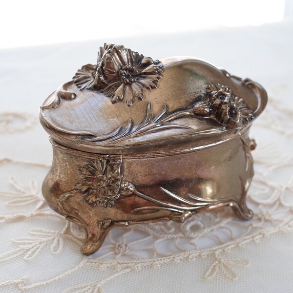 Vintage  Art Nouveau Gold Ormolu Jewelry Box Casket - Silk Velvet Lining Trinket Box - Signed Princess - Repousse Flowers