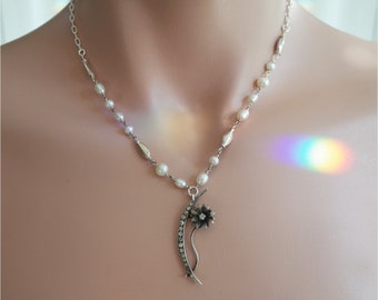 Vintage Sterling Silver Crescent Moon Necklace . Rhinestones . Pearl Chain