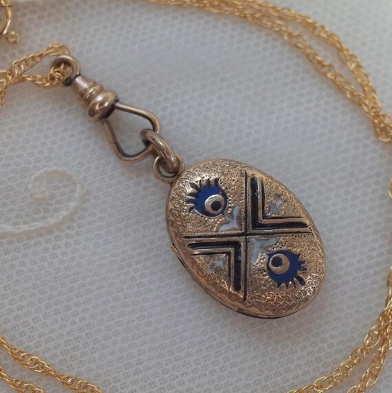 Antique Victorian Taille D Epergne Enamel Locket Pendant . Blue White Black Enameled Necklace . 14K Gold Filled Rope Chain