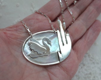 Sterling Silver Swan and Pearls Cat Tail Pendant on  Mother of Pearl - Sterling Silver Chain Necklace - Hand Crafted