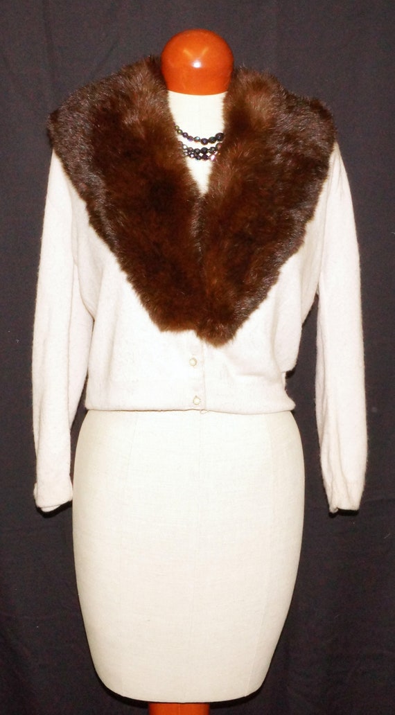 1959 Fur Collared Cardigan Sweater Sz M Vintage