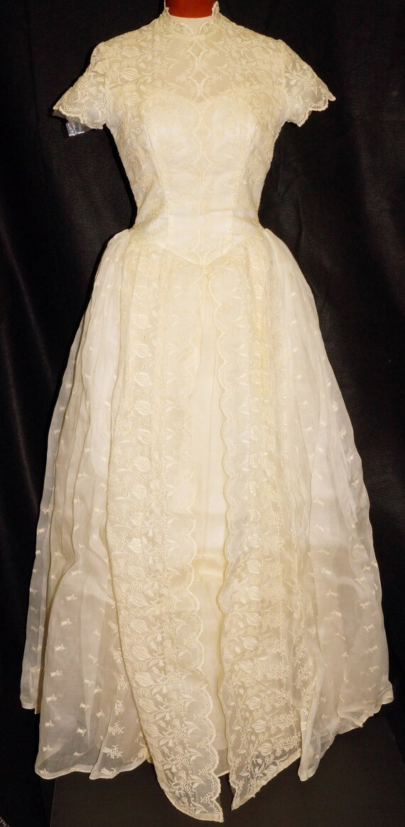 1950s Organdy Lace Wedding Dress Sz 10 Vintage