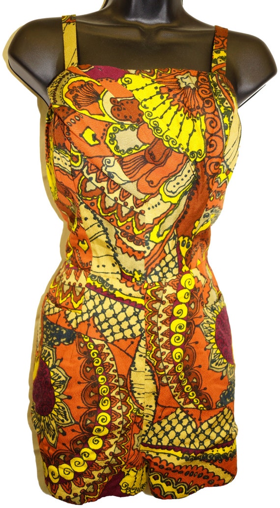 1960s Barkcloth Playsuit Sz 8 Vintage Hawaiian