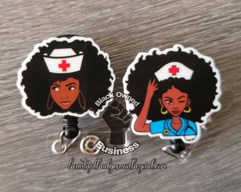 Black, African  American, Nurse, Natural Hair, Locs, Scrubs, Retractable Badge Holder, reel