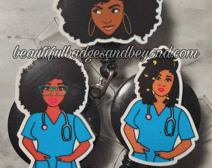 Black, African  American, Nurse, Natural Hair, Locs, Scrubs, Retractable Badge Holder, reel