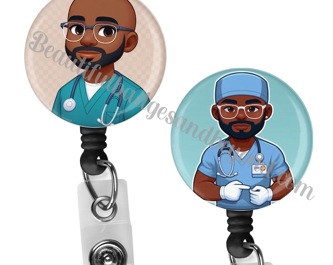 Black, African  American, Male Nurse, Locs, Scrubs, Retractable Badge Holder, reel