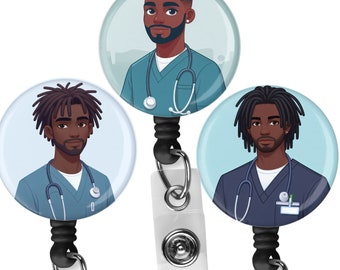 Black, African  American, Male Nurse, Locs, Scrubs, Retractable Badge Holder, reel