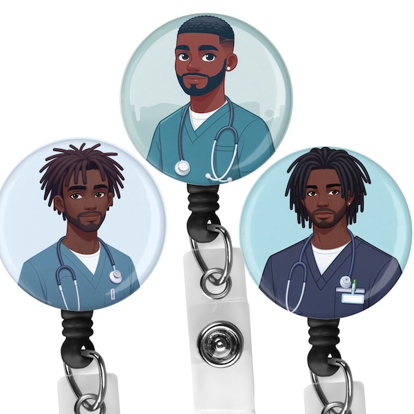 Black, African  American, Male Nurse, Locs, Scrubs, Retractable Badge Holder, reel