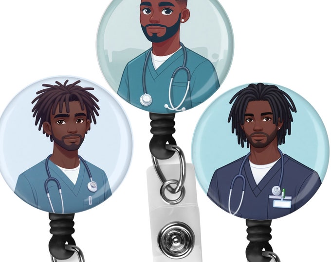 Black, African  American, Male Nurse, Locs, Scrubs, Retractable Badge Holder, reel