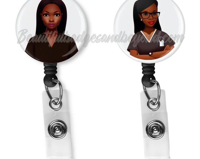 Black, African  American, Nurse, Natural Hair, Locs, Scrubs, Retractable Badge Holder, reel