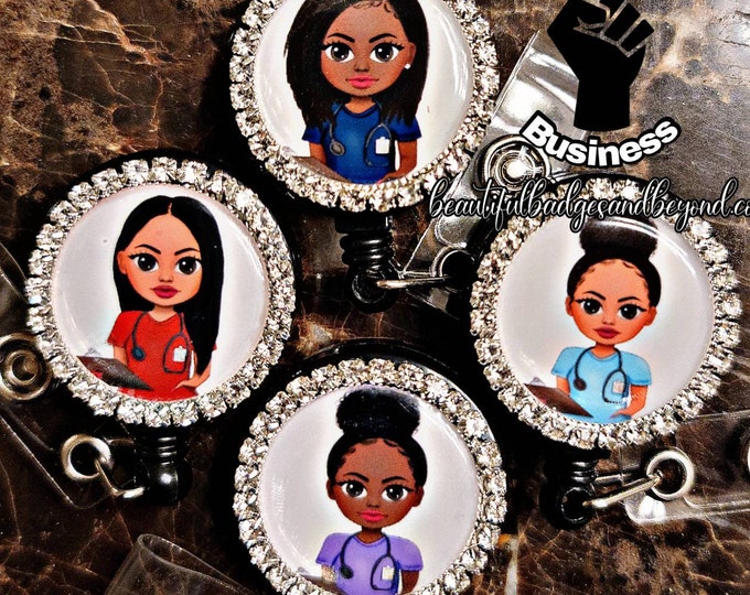 Black, African  American, Nurse, Latina, Mexican, Natural Hair, Locs, Scrubs, Retractable Badge Holder