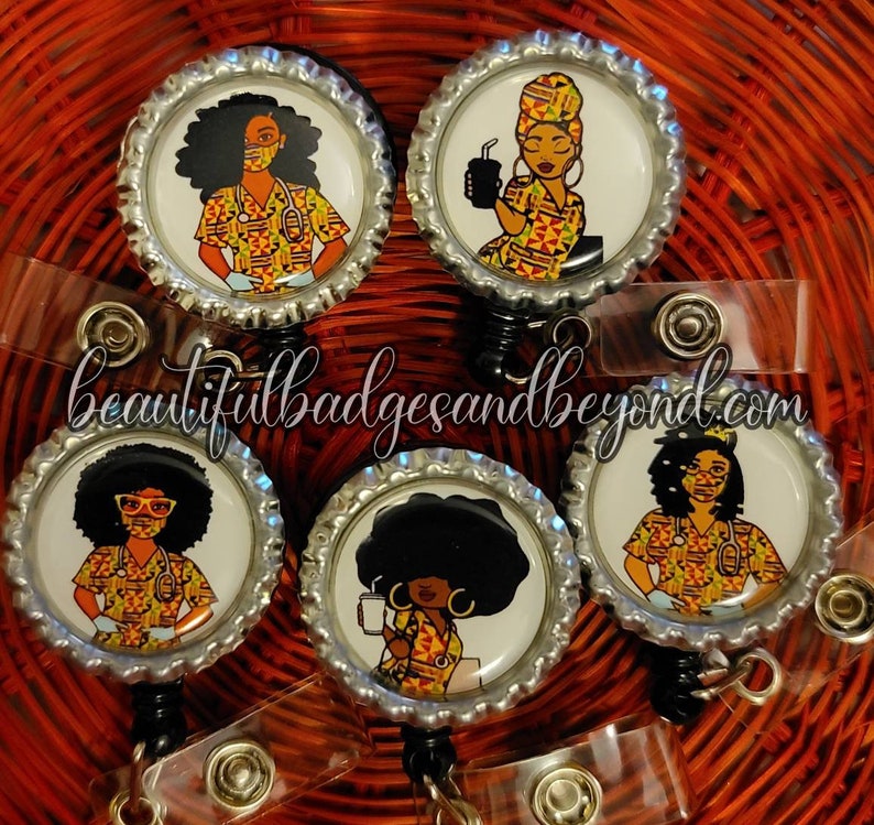 Retractable Badge Holder African American Natural Hair Scrubs Nurse reel kente cloth Locs Black