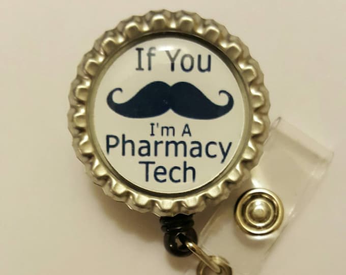 Mustache Pharmacy Tech Retractable Name Badge Holder Reel