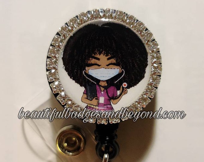 Black, African  American, Nurse, Natural Hair, Locs, Scrubs, Afro, Retractable Badge Holder, reel