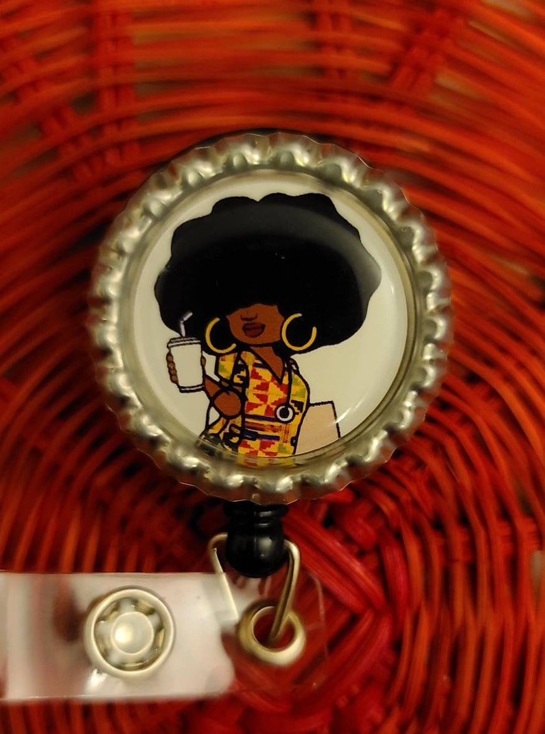 Retractable Badge Holder African American Natural Hair Scrubs Nurse reel kente cloth Locs Black