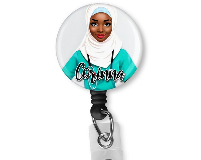 Personalized Custom Black, African  American, Muslim, Hijab, Nurse, Scrubs, Retractable Badge Holder, reel