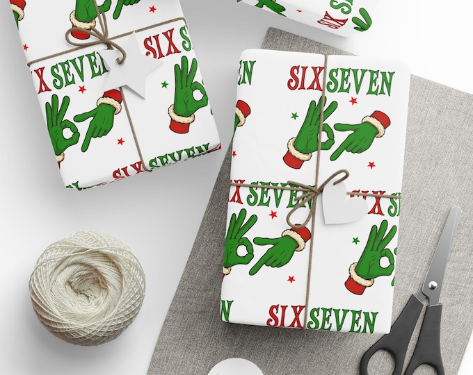 Six Seven  6 7 Green Hand Santa Hat Wrapping Papers | Christmas Holiday Gift Wrap
