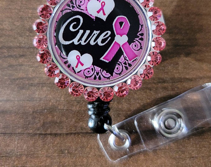 Breast Cancer Awareness Ribbon badge reel with rhinestones