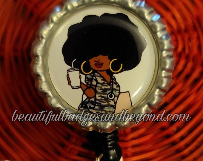 Black, African  American, Army Military Nurse, Natural Hair, Locs, Scrubs, Retractable Badge Holder, reel