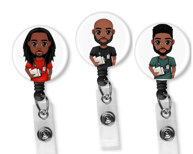 Black, African  American, Male Nurse, Locs, Scrubs, Retractable Badge Holder, reel