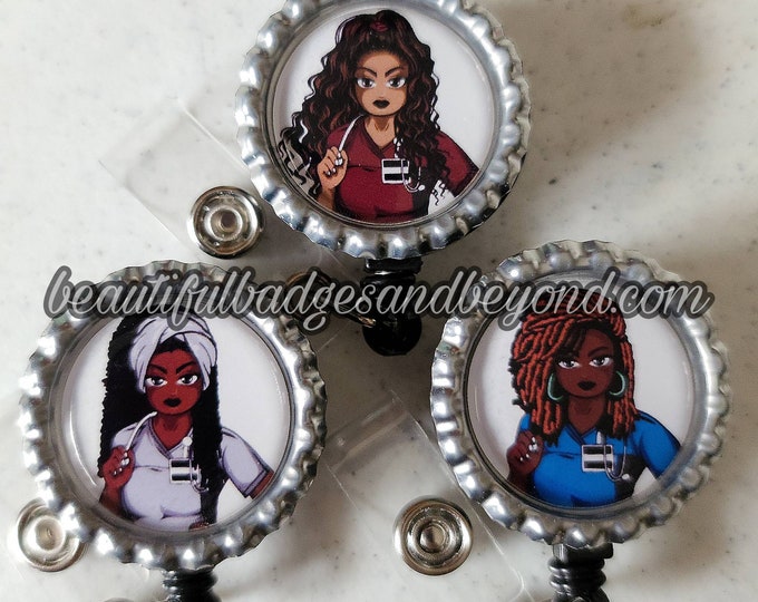 Black, African  American, Nurse, Natural Hair, Locs, Scrubs, Retractable Badge Holder, reel