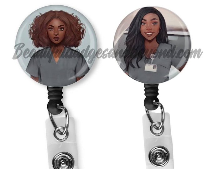 Black, African  American, Nurse, Natural Hair, Locs, Scrubs, Retractable Badge Holder, reel