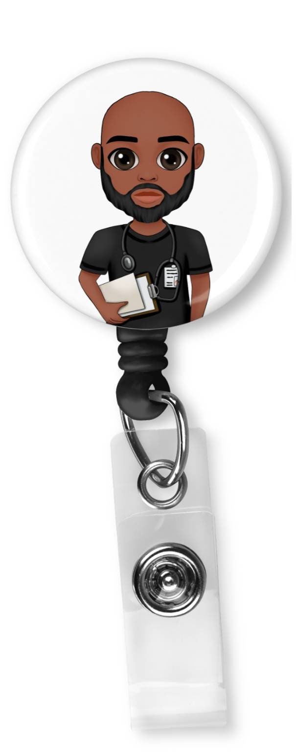 Black, African American, Male Nurse, Locs, Scrubs, Retractable Badge Holder,  reel