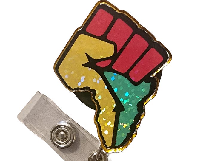 Black, African  American, Nurse, Natural Hair, Locs, Scrubs, Retractable Badge Holder, Black History Month Fist