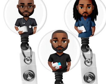 Black, African  American, Male Nurse, Locs, Scrubs, Retractable Badge Holder, reel