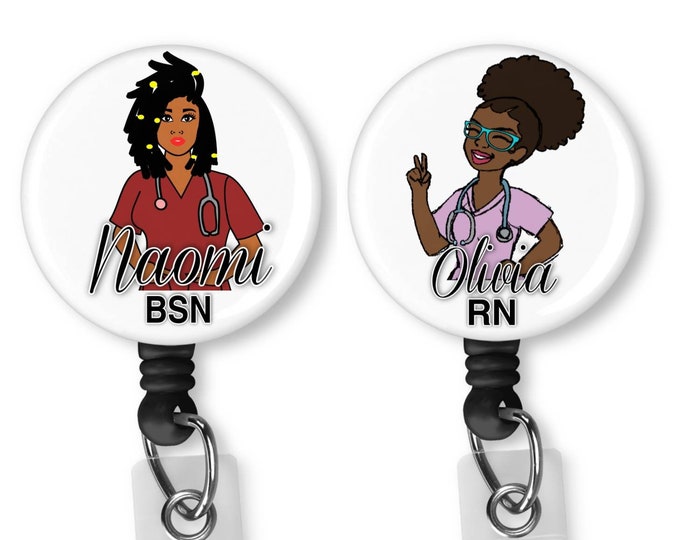 Personalized Custom Black, African  American, Nurse, Natural Hair, Locs, Scrubs, Retractable Badge Holder, reel