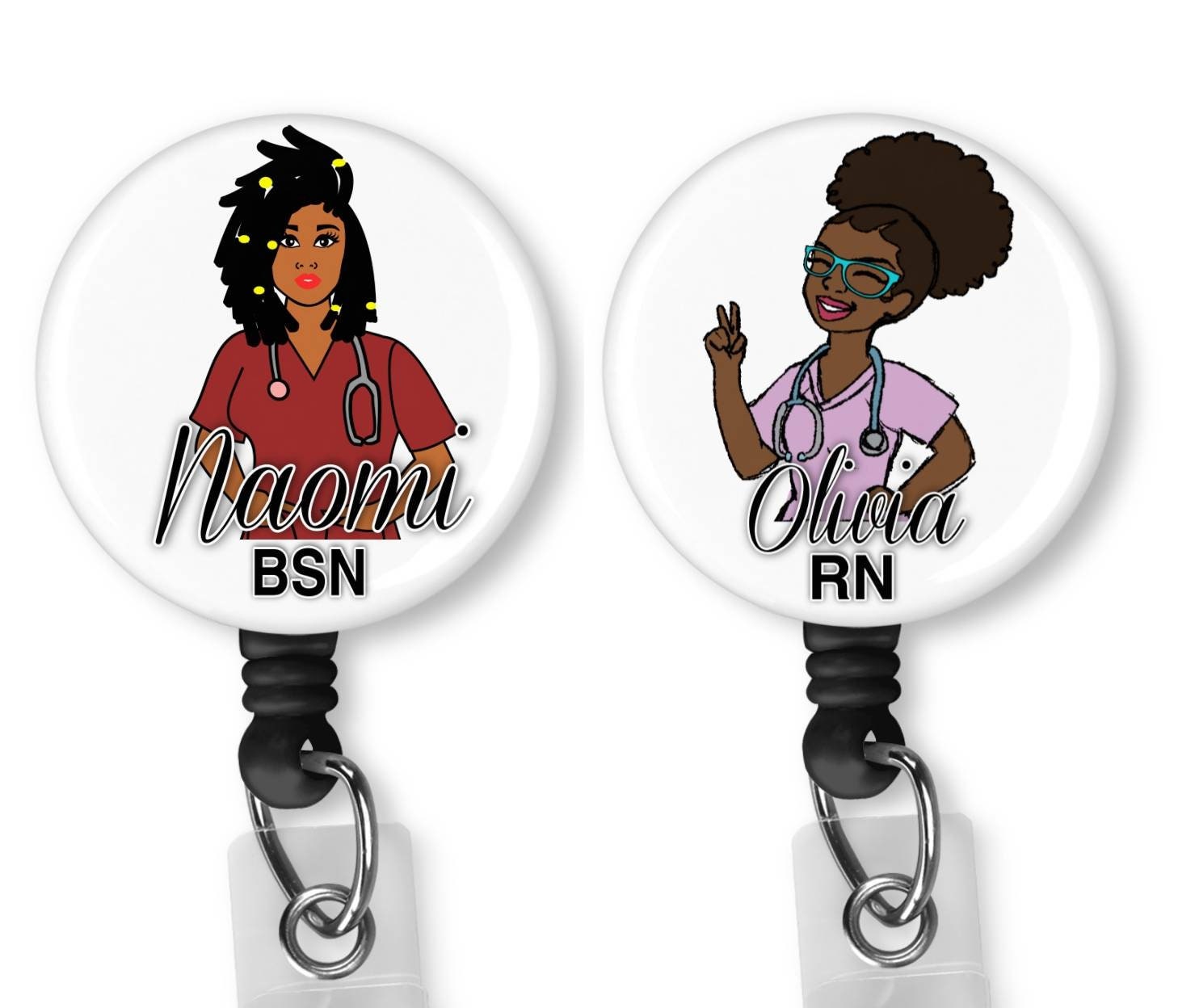 Personalized Custom Black, African American, Nurse, Natural Hair, Locs,  Scrubs, Retractable Badge Holder, reel