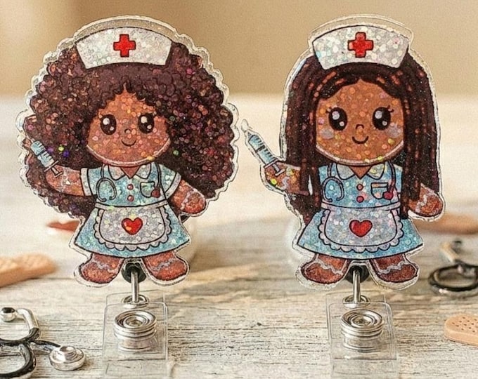Christmas Black Nurse Badge Reel, African American Nurse Gift, Glitter ID Holder, Natural Hair Badge, Afro Locs,RN CNA Badge, Badge Reel