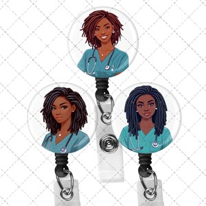 Black, African  American, Nurse, Natural Hair, Locs, Scrubs, Retractable Badge Holder, reel