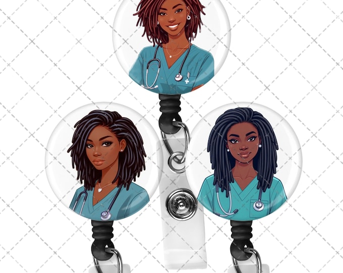 Black, African  American, Nurse, Natural Hair, Locs, Scrubs, Retractable Badge Holder, reel