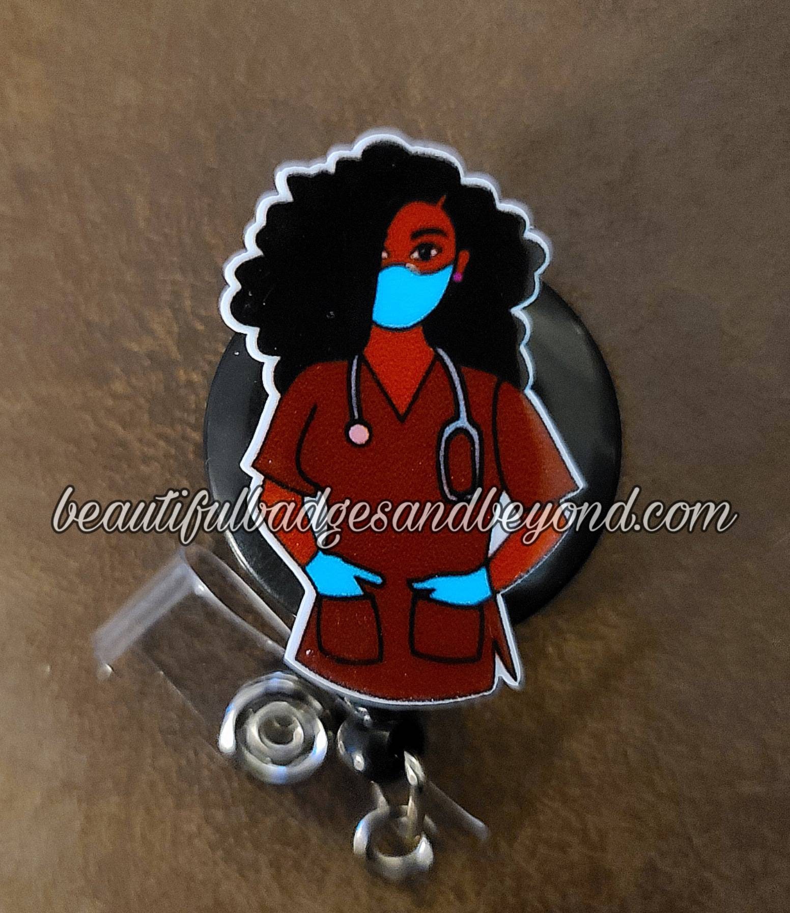 Black Nurse Round Badge Reel, African American Nurse Badge Reel