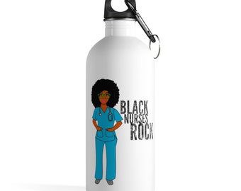 Black African American Nurse Natural Hair Afro Stainless Steel Water Bottle