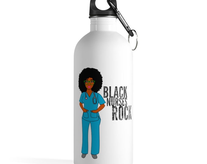 Black African American Nurse Natural Hair Afro Stainless Steel Water Bottle