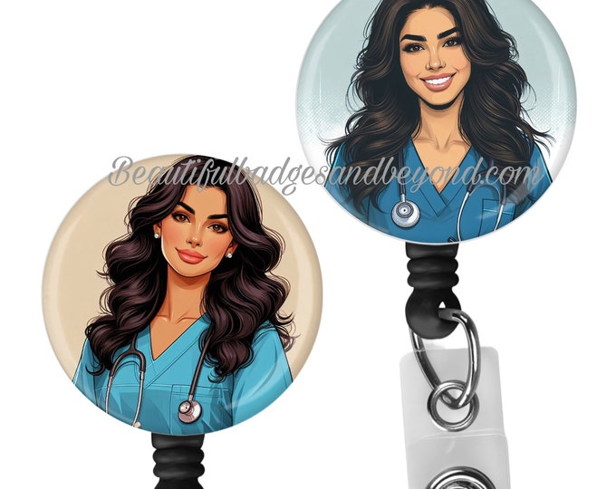 Latina, Mexican, Nurse, Scrubs, Retractable Badge Holder, reel