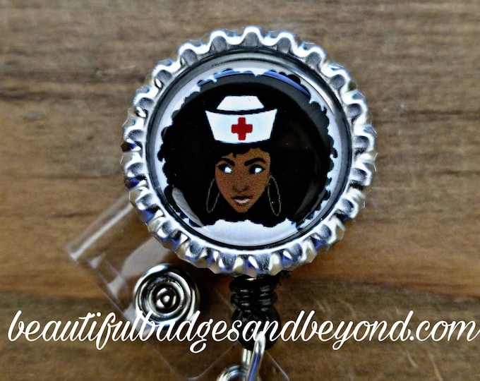 Black Nurse with Afro Retractable Badge Holder