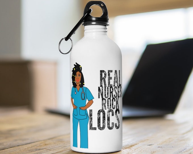 Black African American Nurse Natural Hair Locs Dreadlocks Stainless Steel Water Bottle