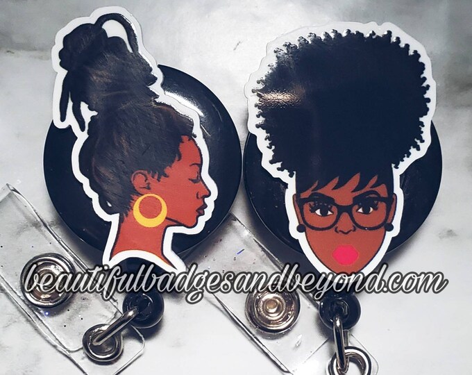 Black, African  American, woman, Natural Hair, retractable reels and pins