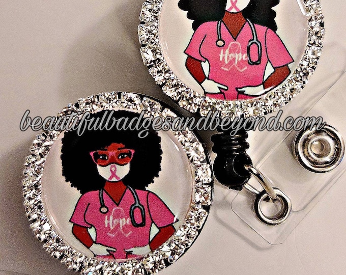 Breast Cancer Awareness Black, African  American, Nurse, Natural Hair, Locs, Scrubs, Retractable Badge Holder, reel