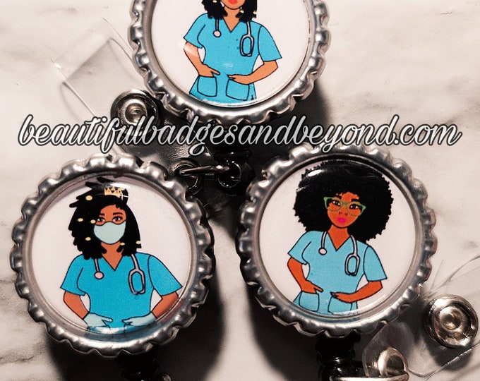 Black, African  American, Nurse, Natural Hair, Locs, Scrubs, Retractable Badge Holder, reel